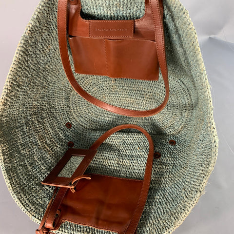BALENCIAGA Green Brown Woven Raffia Oversized Tote Handbag
