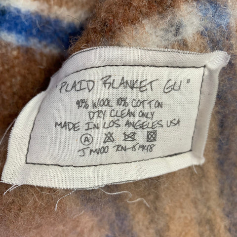 GREG LAUREN Size M Brown Blue Plaid Wool Cotton Shawl Collar Jacket