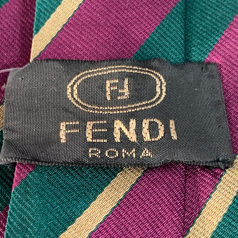 FENDI Purple Green Diagonal Stripe Silk Tie