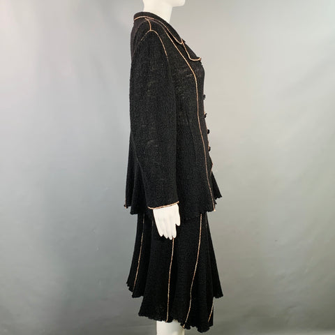 OKW Size S Black Gold Wool Stripe Midi Skirt Suit
