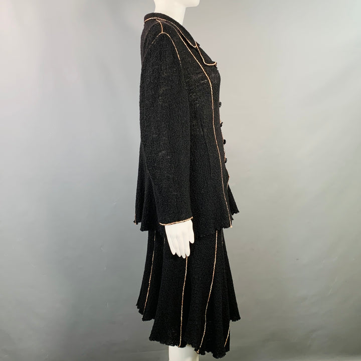 OKW Size S Black Gold Wool Stripe Midi Skirt Suit