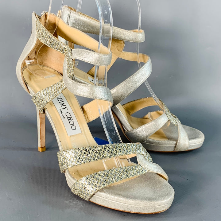JIMMY CHOO Size 6.5 Grey Silver Glittery Leather Platform Stiletto Sandals