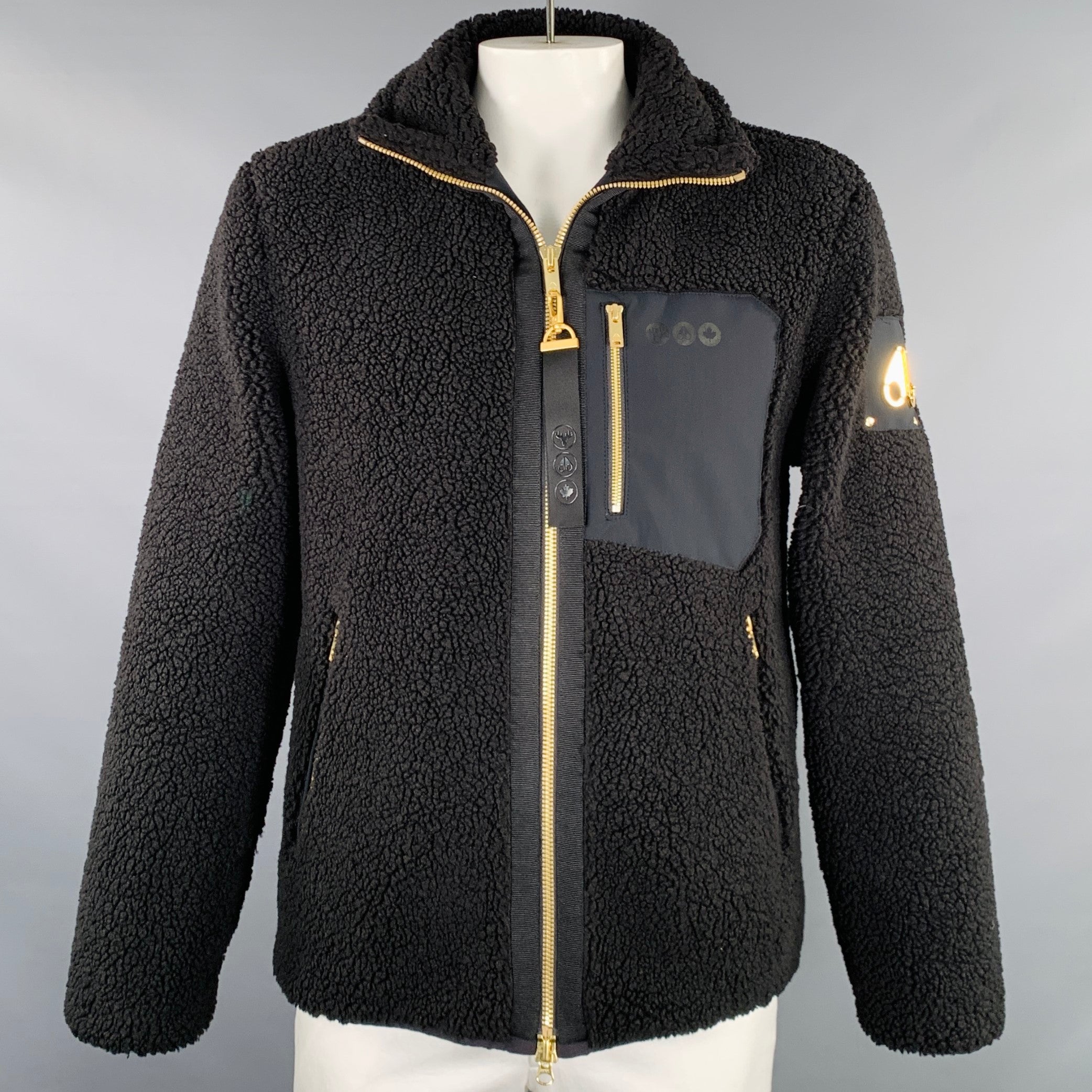 MOOSE KNUCKLES Size L Saglek Black Gold Faux Shearling Zip Up Coat
