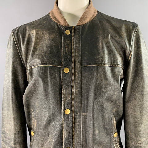MARC JACOBS Size XXL Black Tan Distressed Leather Bomber Coat