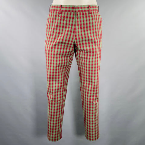 PT TORINO Size 34 Green Red Checkered Cotton Silk Flat Front Casual Pants