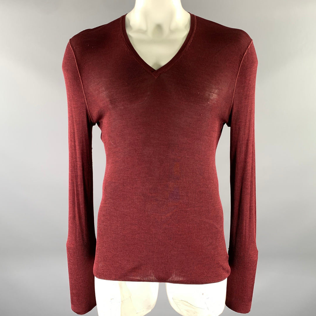GUCCI Size XL Burgundy Ribbed Knit Silk V-Neck Pullover