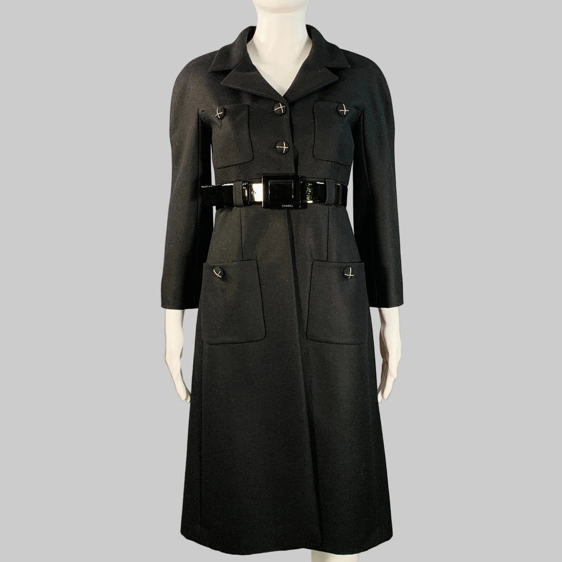 CHANEL Vintage AW07 Size 4 Black Wool Patent Leather 3/4 Sleeves Belted Coat