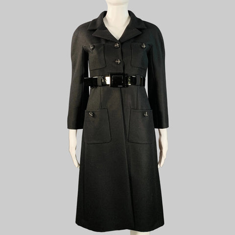 CHANEL Vintage AW07 Size 4 Black Wool Patent Leather 3/4 Sleeves Belted Coat