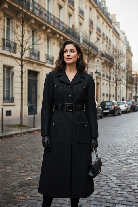 Black trench coat on a mannequin against a gray background