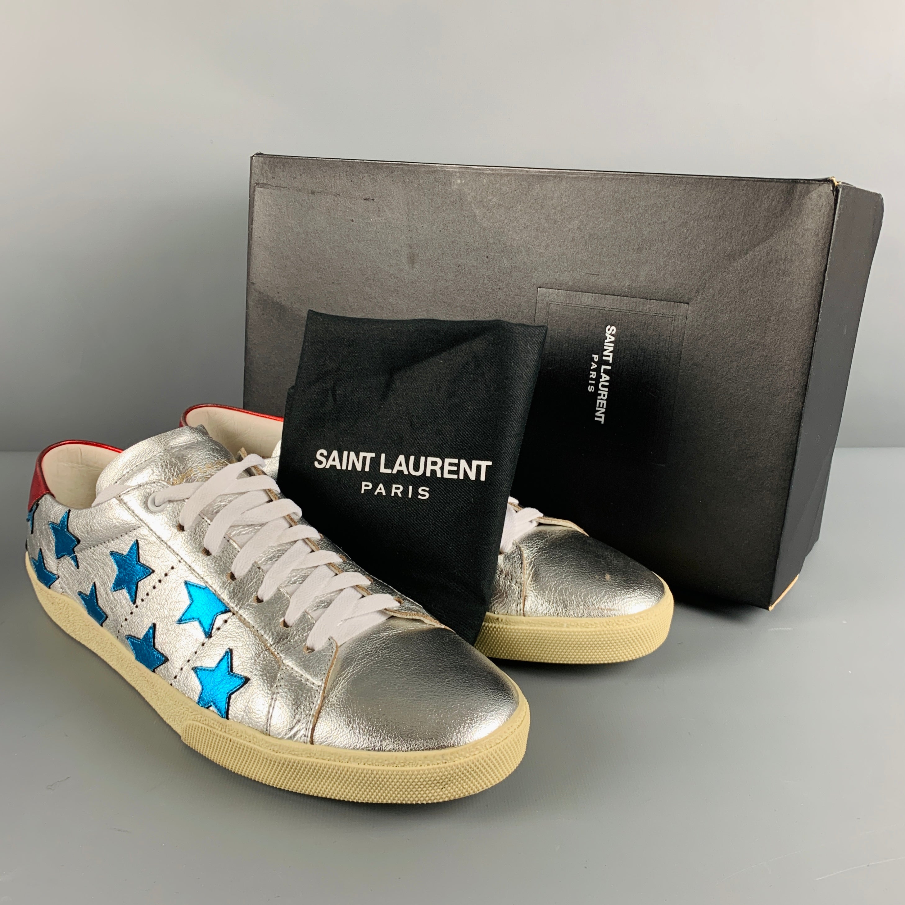 SAINT LAURENT Size 11 Silver Blue Stars Leather Low Top