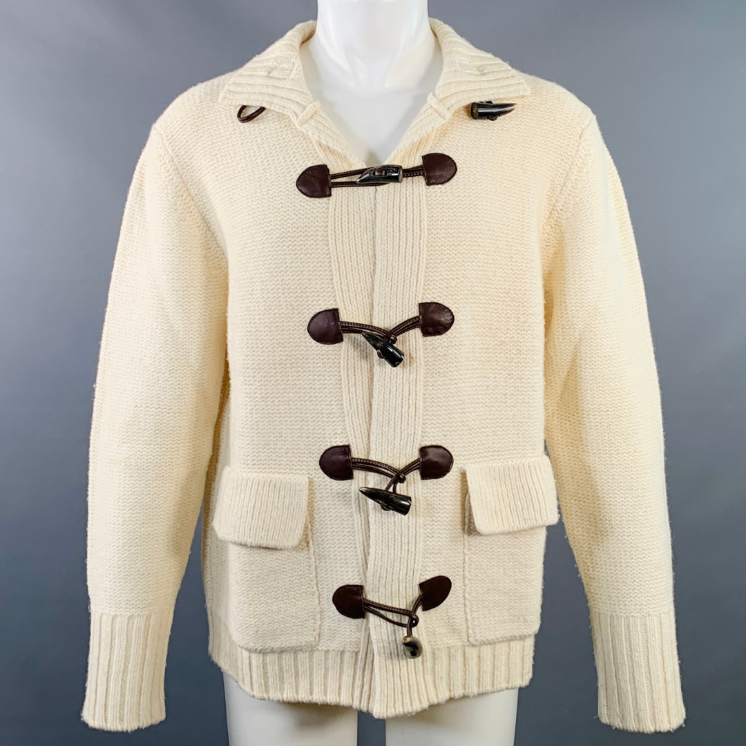 BURBERRY LONDON Size M Cream Brown Knit Merino Wool Toggle Closure Cardigan