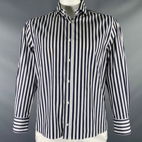 BRUNELLO CUCINELLI Size XXL Navy White Stripe Cotton Button Up Long Sleeve Shirt