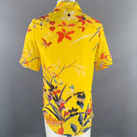 ETRO Size M Yellow Floral Silk Short Sleeve Shirt