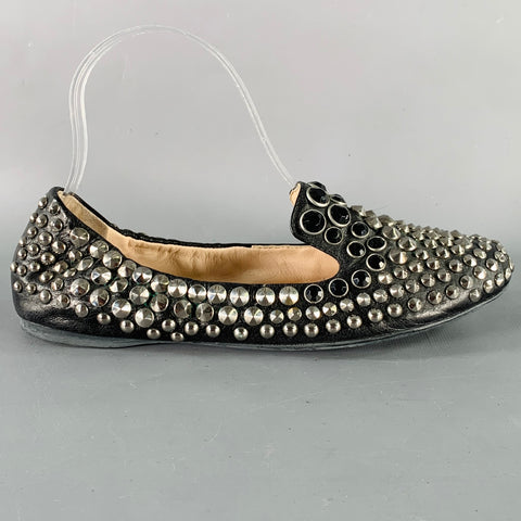PRADA Size 7.5 Black Silver Leather Studded Slip On Loafers Flats