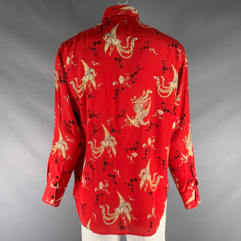 BILLIONAIRE COUTURE Size XL Red Black & Gold Print Silk Long Sleeve Shirt