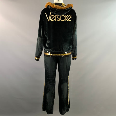 VERSACE Size 4 Black Gold Viscose & Silk Baroque Track Jacket Set