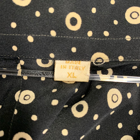 BRIONI Taille XL Chemise à Manches Longues Boutonnée en Soie Noire à Pois Beiges