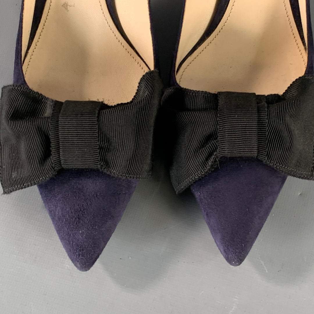 PRADA Size 11 Navy Suede Bow Pointed Toe Kitten Heel Pumps