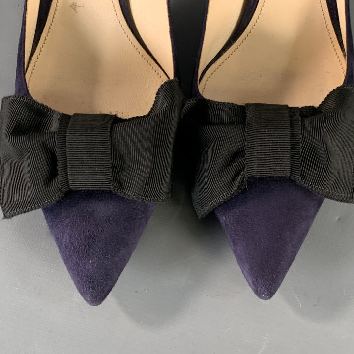 PRADA Size 11 Navy Suede Bow Pointed Toe Kitten Heel Pumps