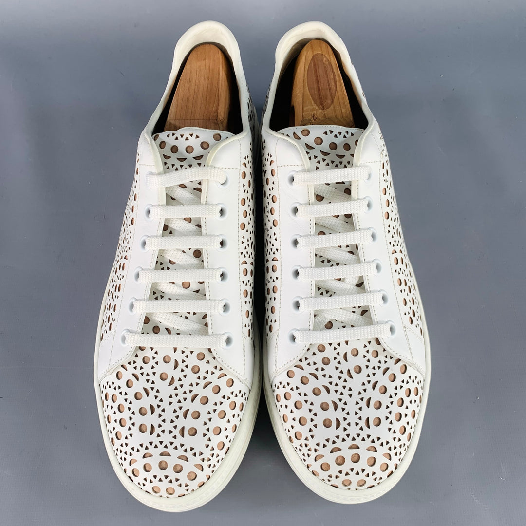 ALAIA Size 8 White Tan Laser Cut Leather Lace-Up Low Top Sneakers
