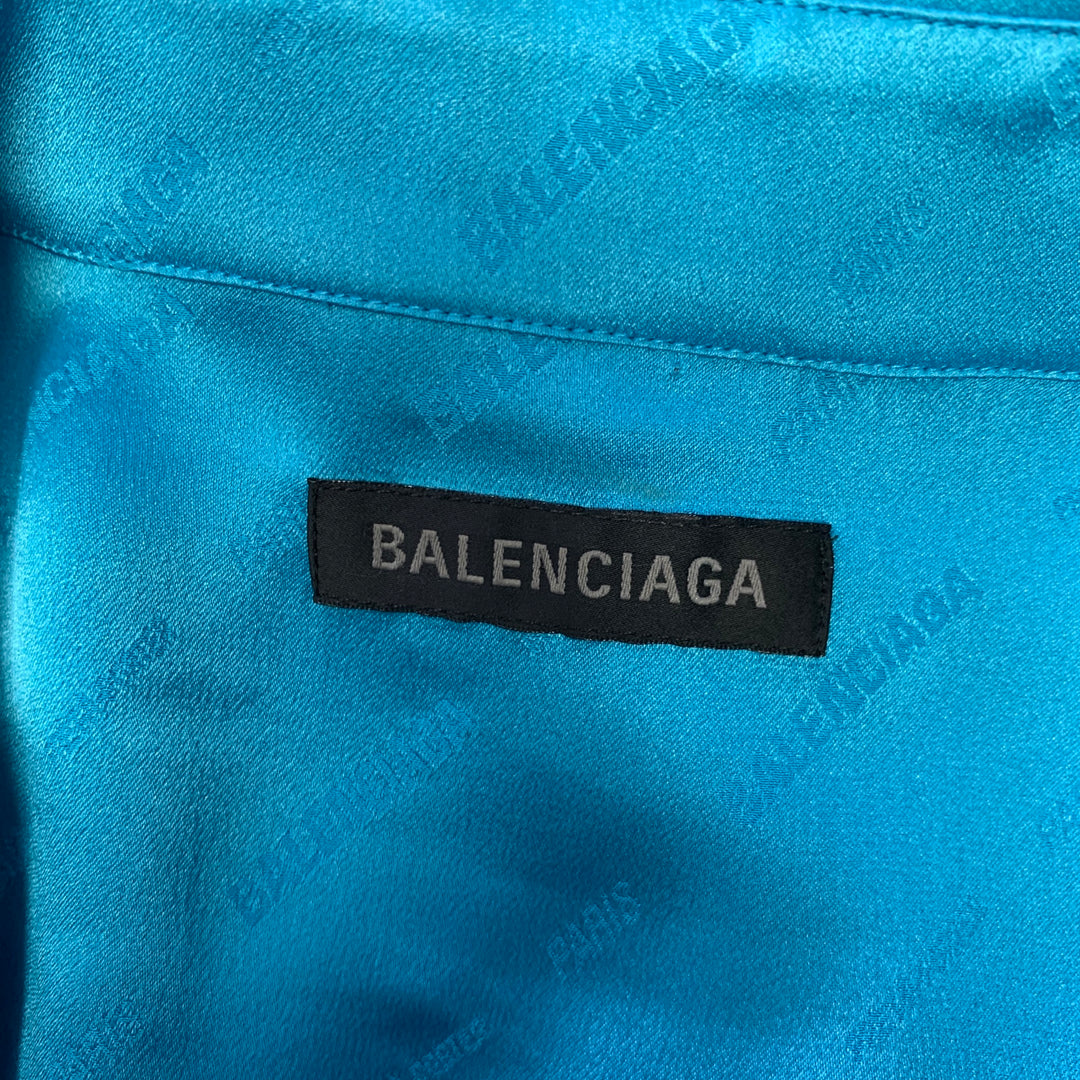 BALENCIAGA Size M Blue Aqua Monogram Silk Button Down Long Sleeve Shirt