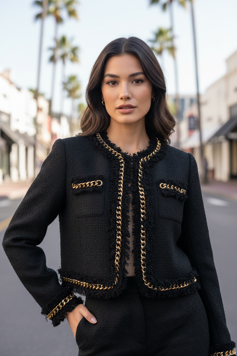 VERSACE Size 6 Black Gold Cotton Chain Jacket