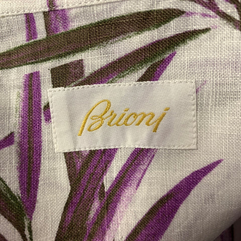 BRIONI Size L White Purple Brown Bamboo Linen Long Sleeve Shirt