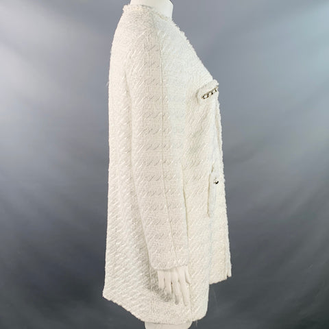 WEILL PARIS Size 12 White Cotton Blend Tweed Collarless Hook Eye Coat