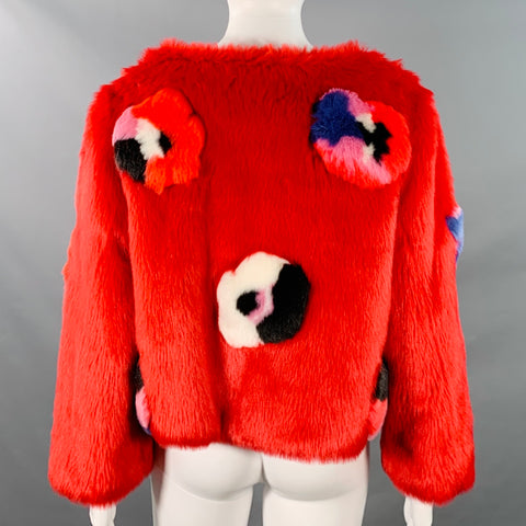 HEURUEH Size S Red Blue White Acrylic Blend Abstract Faux Fur Cropped Jacket