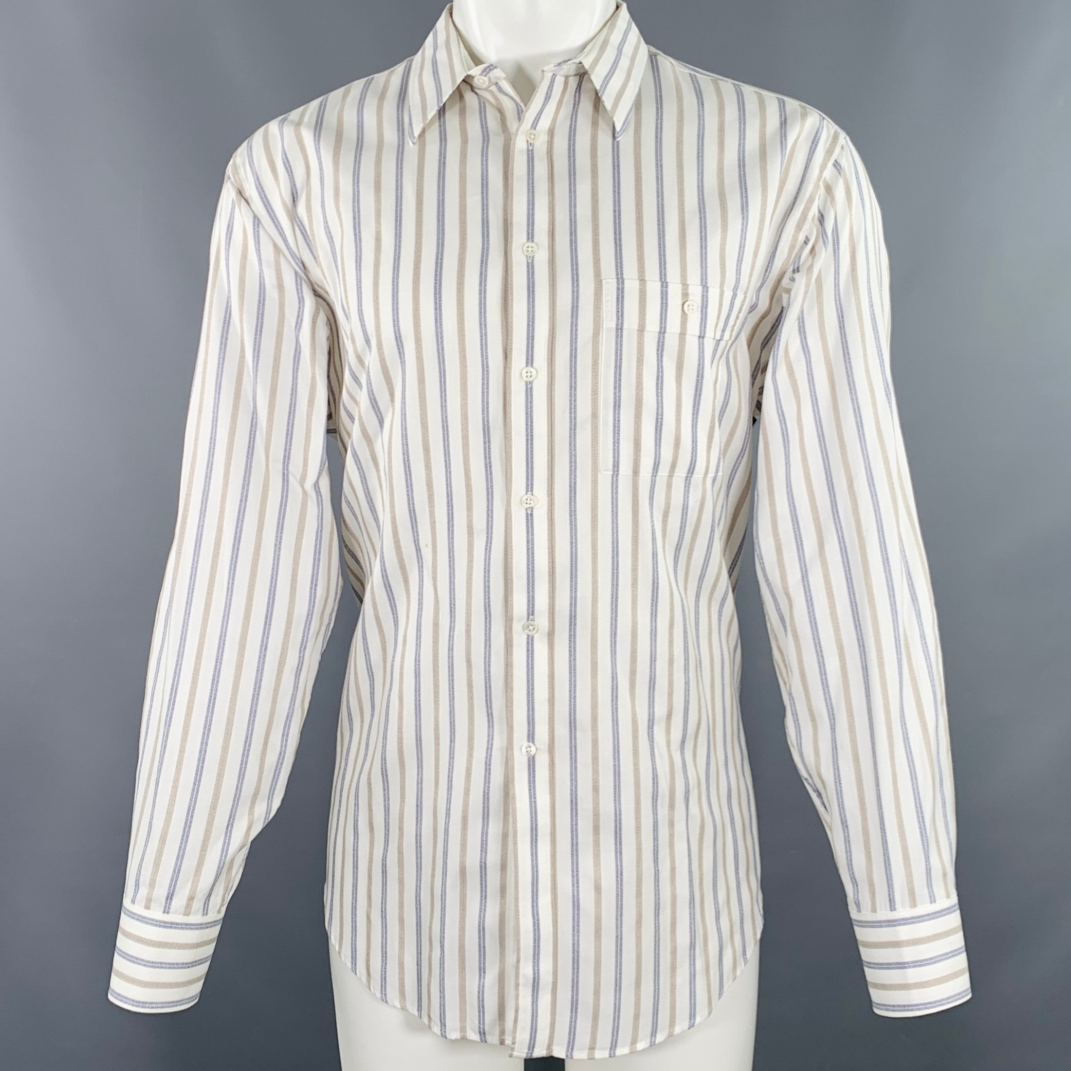 GIORGIO ARMANI Size M Off White Blue Tan Stripe One Pocket Long