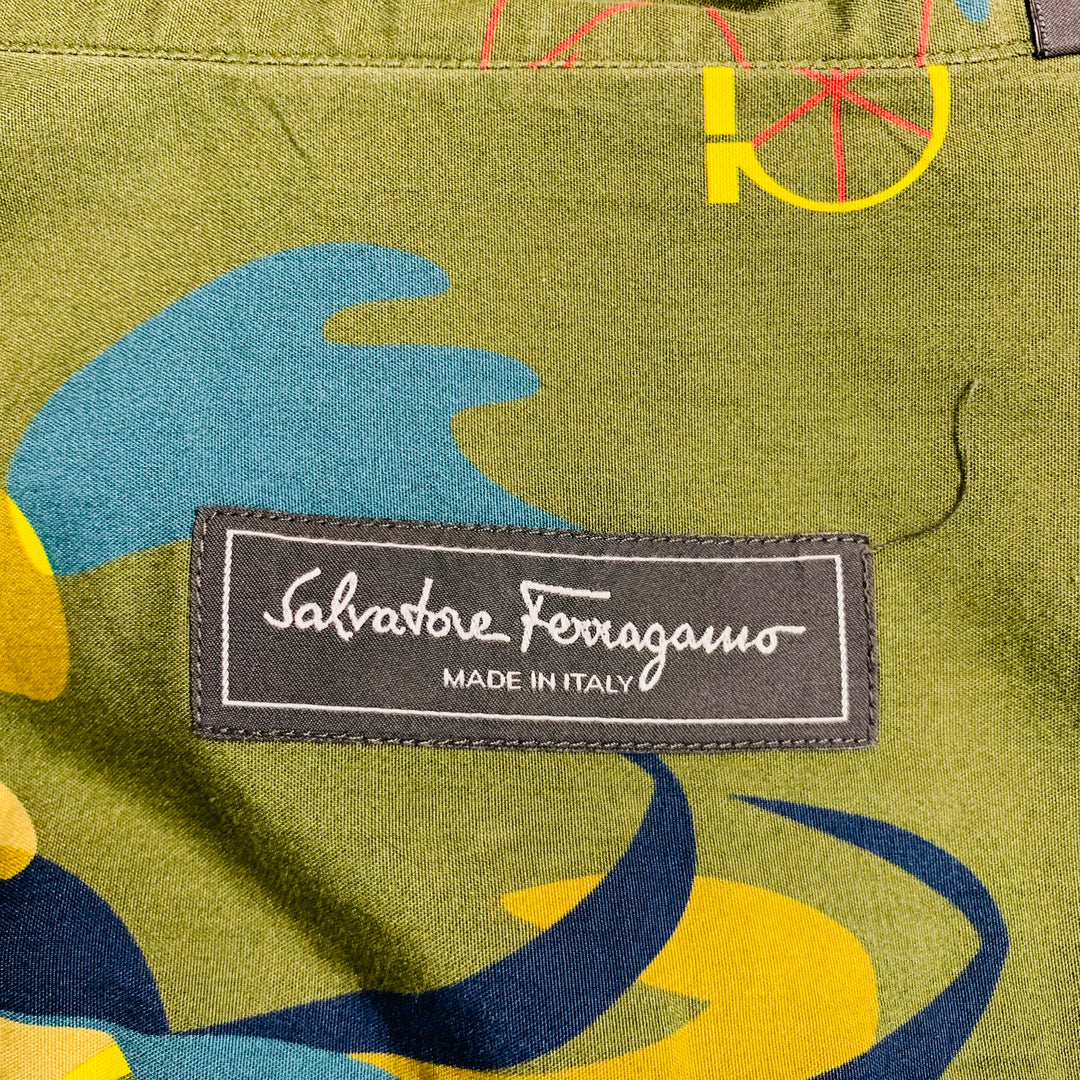 SALVATORE FERRAGAMO Size S Green Multicolour Abstract Long Sleeve Shirt