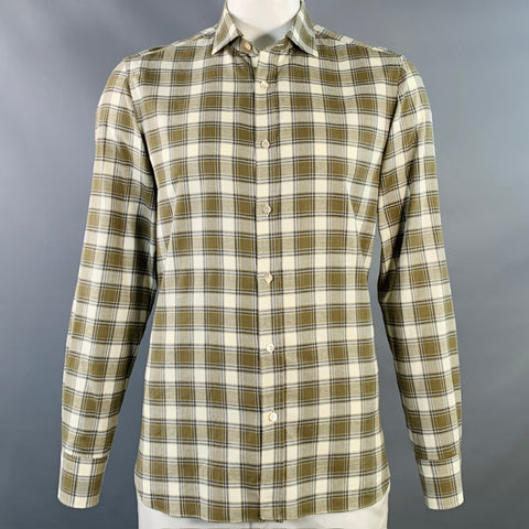 BOGLIOLI Size L Cream Olive Plaid Cotton Twill Spread Collar Long Sleeve Shirt