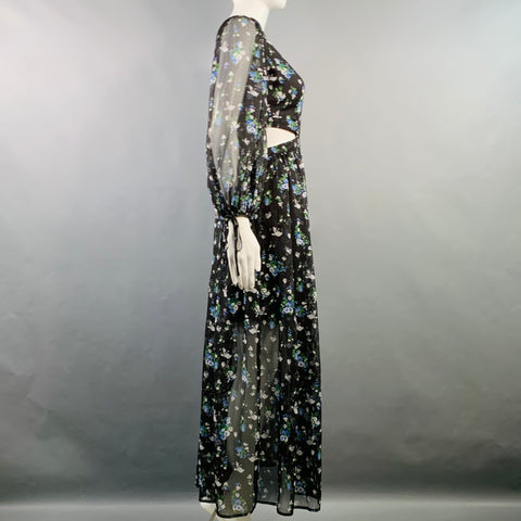 MAJE Size S Black Green Blue Chiffon Floral Cutout Midi Dress