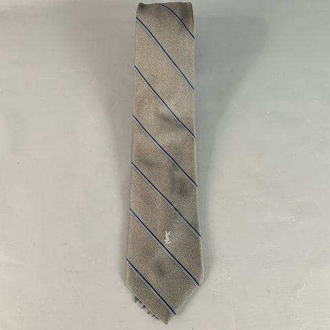 Cravate fine en soie à rayures diagonales bleu marine et gris anthracite YVES SAINT LAURENT