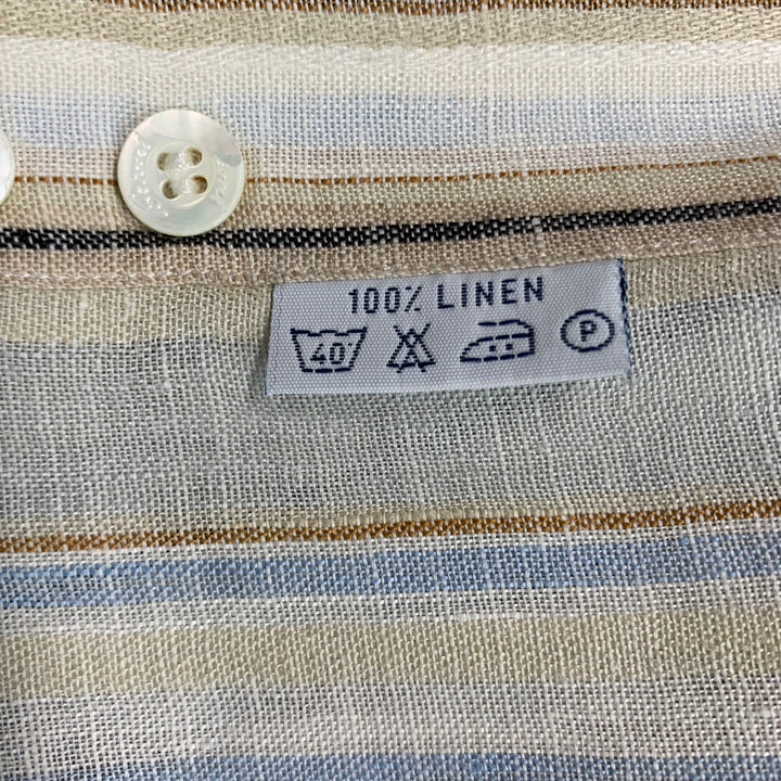 BRIONI Talla L Camisa de manga larga con botones de lino a rayas multicolor beige