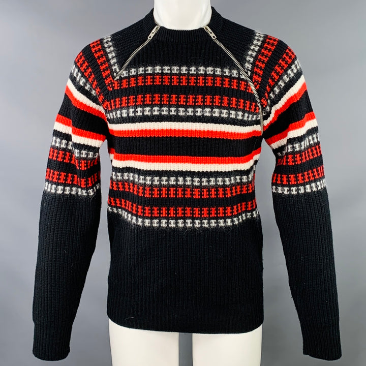 GIVENCHY Size L Black Red White Stripe Wool Blend Crew Neck Sweater