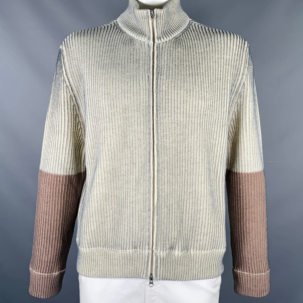 MAISON MARGIELA Size L Cream Grey Two Toned Acrylic Wool Zip Up 