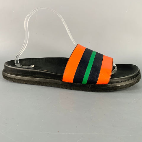 RALPH LAUREN Size 8 Black Orange Green Stripe Leather Slide Sandals