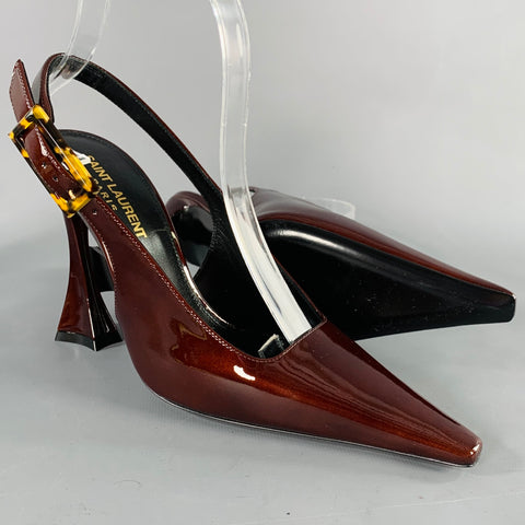 SAINT LAURENT Size 7 Dune Brown Patent Leather Slingback Pumps