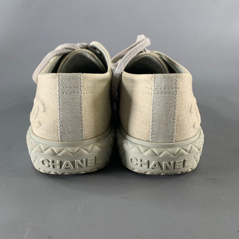 CHANEL Size 8.5 Grey Canvas Quilted Leather Trim Lace Up Sneakers