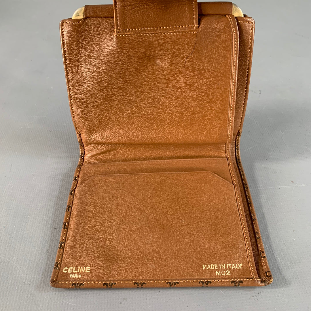 CELINE Vintage Brown Tan Logo Leather Kiss Lock Coin Purse Wallet