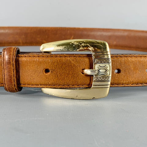 VINTAGE Size 38 Brown White Beaded Leather Belt