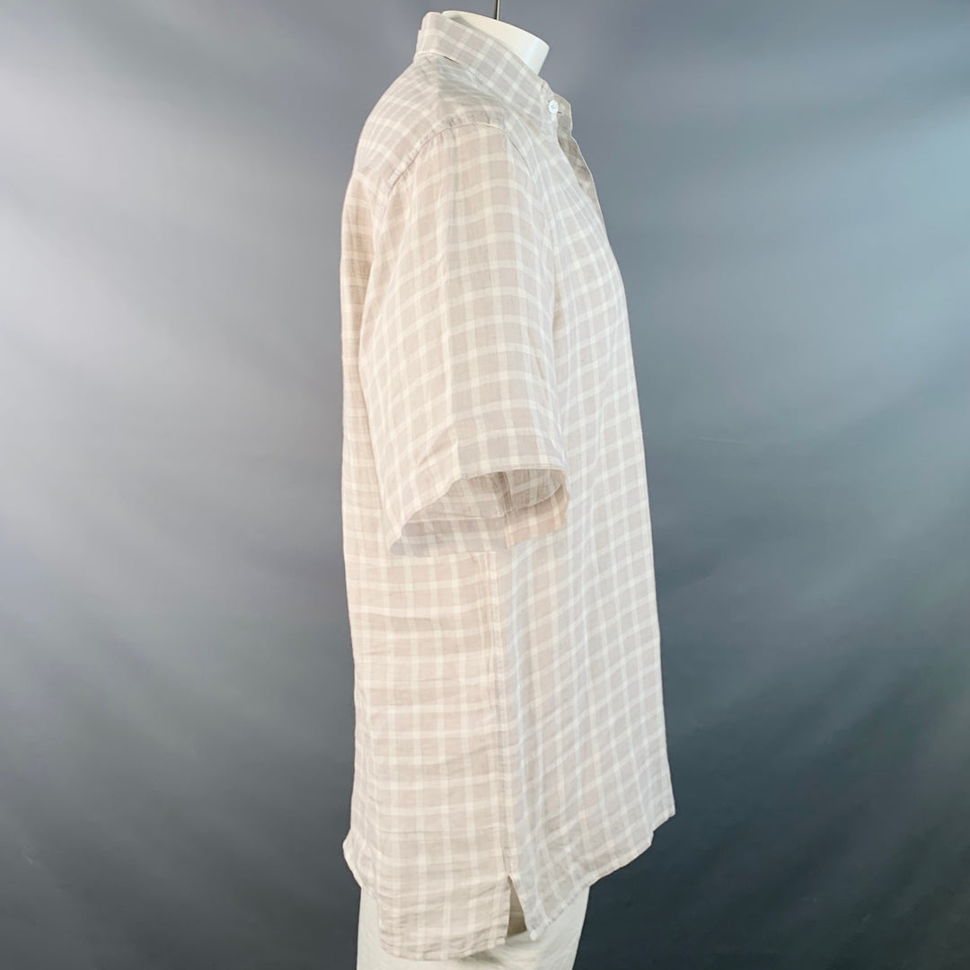 ERMENEGILDO ZEGNA Size L Grey White Plaid Linen One Pocket Short Sleeve Shirt