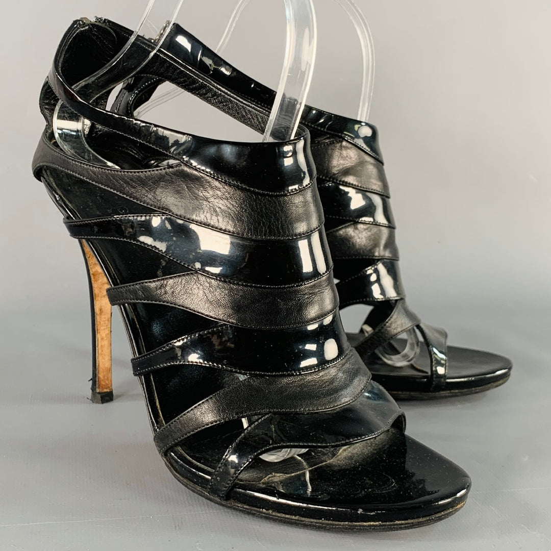 GUCCI Size Black Leather Patent Leather Back Zipper Cage Sandals