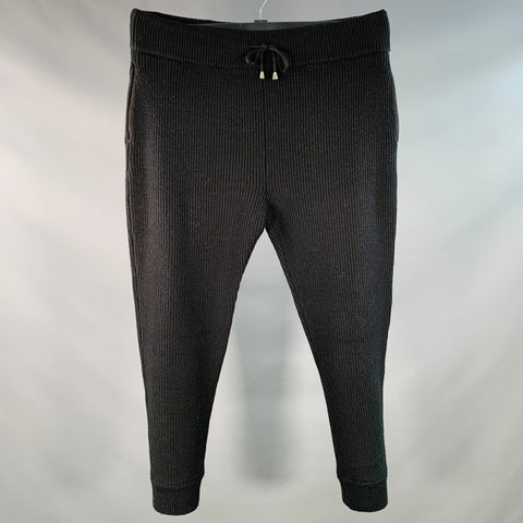 EMPORIO ARMANI Size 36 Black Rib Knit Virgin Wool Acrylic Drawstring Casual Pants