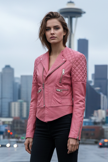 BALENCIAGA Size 6 Pink Quilted Leather Moto Biker Jacket