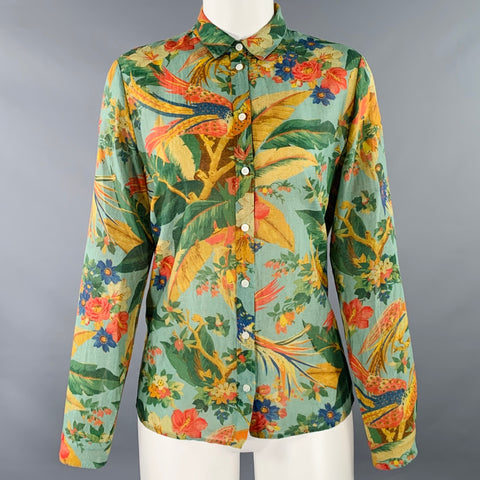 SEZANE Size 4 Green Multi Color Cotton Silk Floral Long Sleeve Blouse