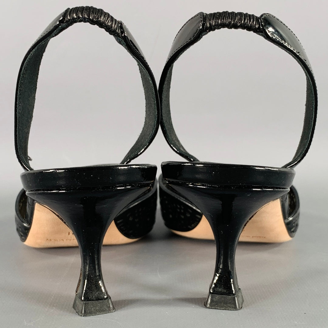 MANOLO BLAHNIK Size 11 Black Perforated Patent Leather Slingback Pumps