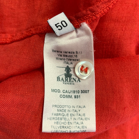 BARENA Size M Red Coral Linen Long Placket Short Sleeve Shirt