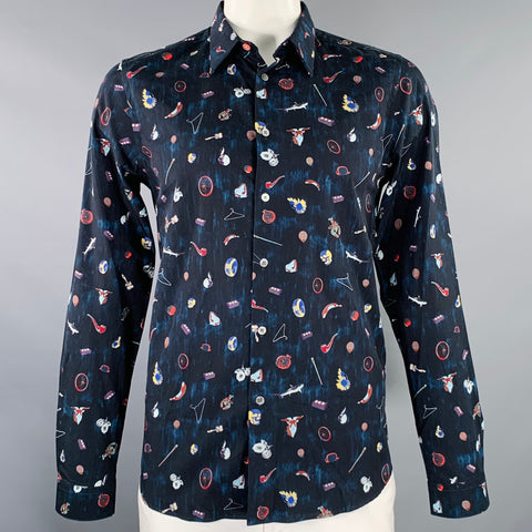 PS by PAUL SMITH Taille L Noir Multicolore Imprimé Graphique Coton Chemise Manches Longues